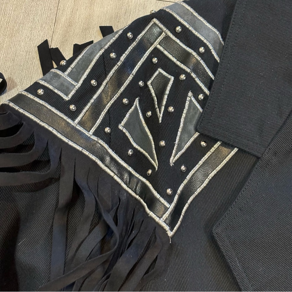 Vintage IB Diffusion Small Black Fringe Western Jacket Studded Yoke Belted 90s - Picture 6 of 15